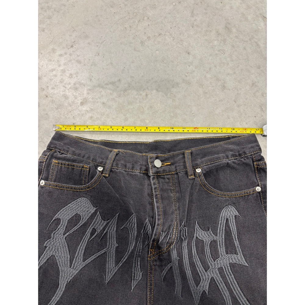 Revenge Baggy Embroidered Logo Denim Jeans Washed Black XL 34x28 Streetwear - Picture 9 of 9